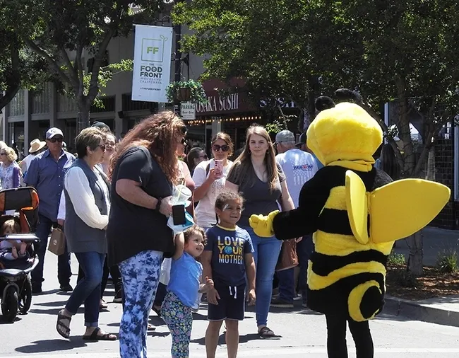 Wendy Mather, program manager of the UC Davis-based California Master Beekeeper Program, annually dons a bee suit to welcome the California Honey Festival attendees. (Photo by Kathy Keatley Garvey)