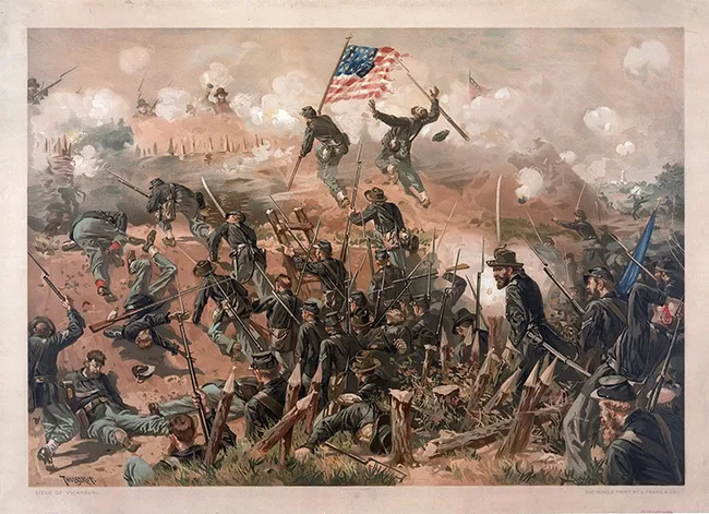 This work, "The Siege of Vicksburg--Assault on Fort Hill," is by Swedish-born American illustrator Thure de Thulstrup (1848-1930), whom his contemporary critics considered "the foremost military artist in America." (Image courtesy of Wikipedia)