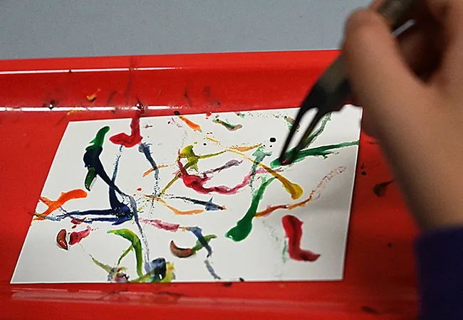 Maggot Art underway; it begins with picking up a maggot with a forceps. (Photo by Kathy Keatley Garvey)