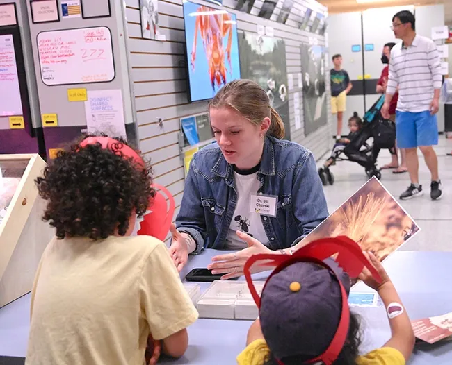 "Dr. Jill" (Oberski) answers ant questions at the Bohart Museum of Entomology open house on May 21. (Photo by Kathy Keatley Garvey)