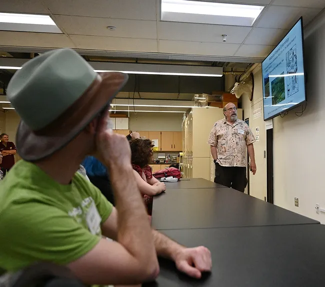 UC Davis forensic entomologist Bob Kimsey tracing the history of forensic entomology. (Photo by Kathy Keatley Garvey)