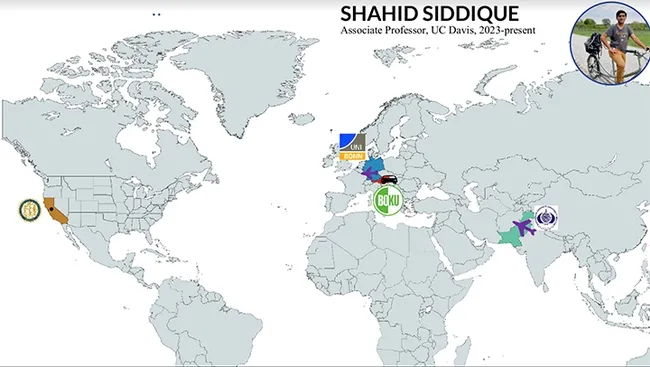 UC Davis nematologist Shahid Siddique participated in a session titled "Nematology Faces of the Future" and presented this graphic showing his career stops.