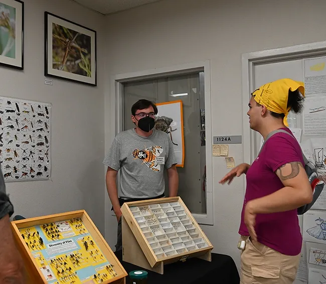Postdoctoral researcher Severyn Korneyev, a Ukrainian entomologist who studies flies, talks about his work. He holds a joint postdoc position with the UC Davis Department of Entomology and Nematology and the California Department of Food and Agriculture. (Photo by Kathy Keatley Garvey)