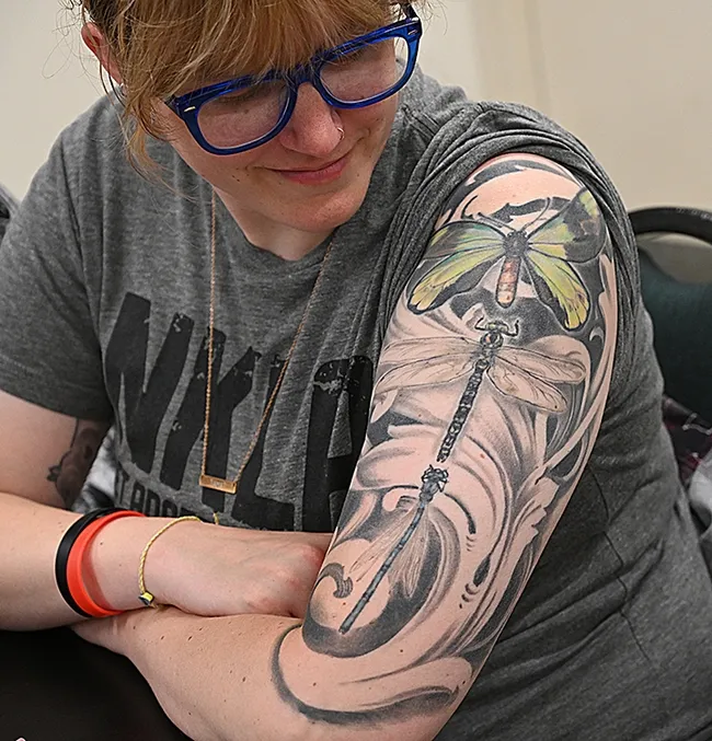 Anna Garrison's arm art: a tattoo of Cordulegaster diadema, aka Apache spiketail. The Sacramento resident is the daughter of noted dragonfly expert Rosser Garrison. (Photo by Kathy Keatley Garvey)