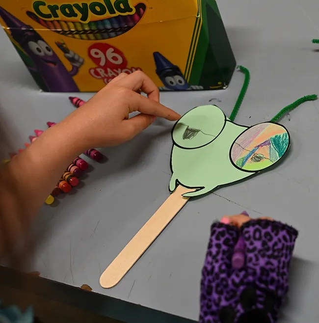 Soraya Qaqunah begins to color the eyes. (Photo by Kathy Keatley Garvey)