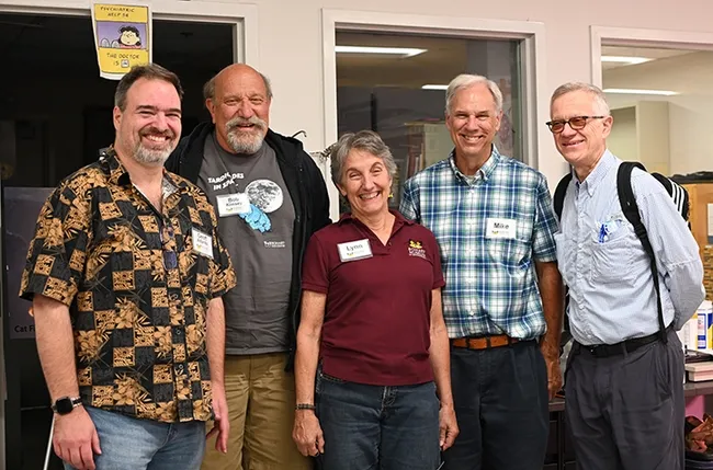 Scientists at the Bohart open house included (from left) medical entomologist-geneticist Geoffrey Attardo, forensic entomologist Robert Kimsey, and Bohart director Lynn Kimsey, all of the UC Davis Department of Entomology and Nematology faculty; California Department of Food and Agriculture retiree Mike Pitcairn; and UC Davis distinguished professor Walter Leal, former chair of the Entomology Department. (Photo by Kathy Keatley Garvey)