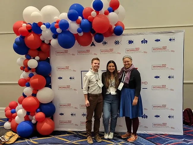 These three UC Davis doctoral students won the President's Prize in their specific categories at the Entomological Society of America meeting in National Harbor, Md. From left are Shawn Christensen, doctoral candidate and Lexie Martin, doctoral student, both of the Rachel Vannette lab; and doctoral student Iris Quayle of the Jason Bond lab.
