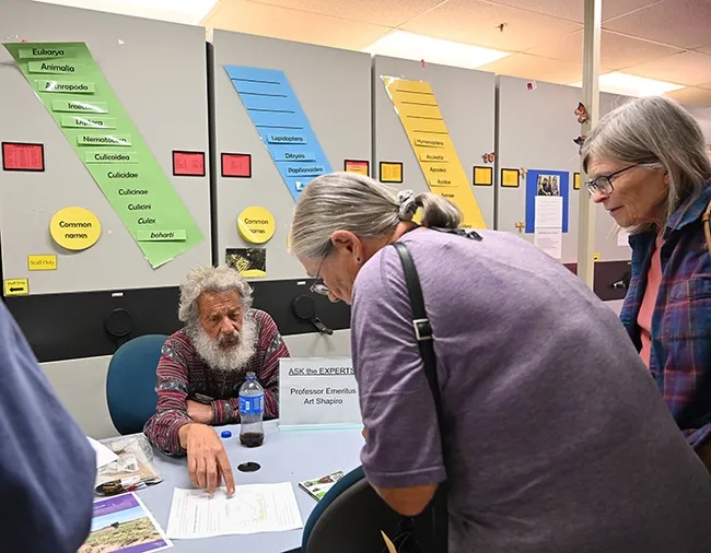 UC Davis distinguished professor emeritus Art Shapiro explains some of his research documentation at the Bohart Museum of Entomology open house on monarchs. (Photo by Kathy Keatley Garvey)