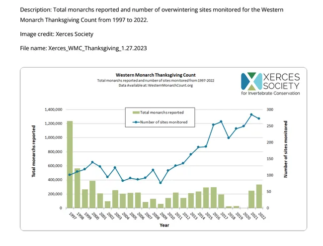 This document provided by Xerces Society of Invertebrate Conservation shows the number of monarchs overwintering along the California coast since 1997. Source: its annual Thanksgiving season count.
