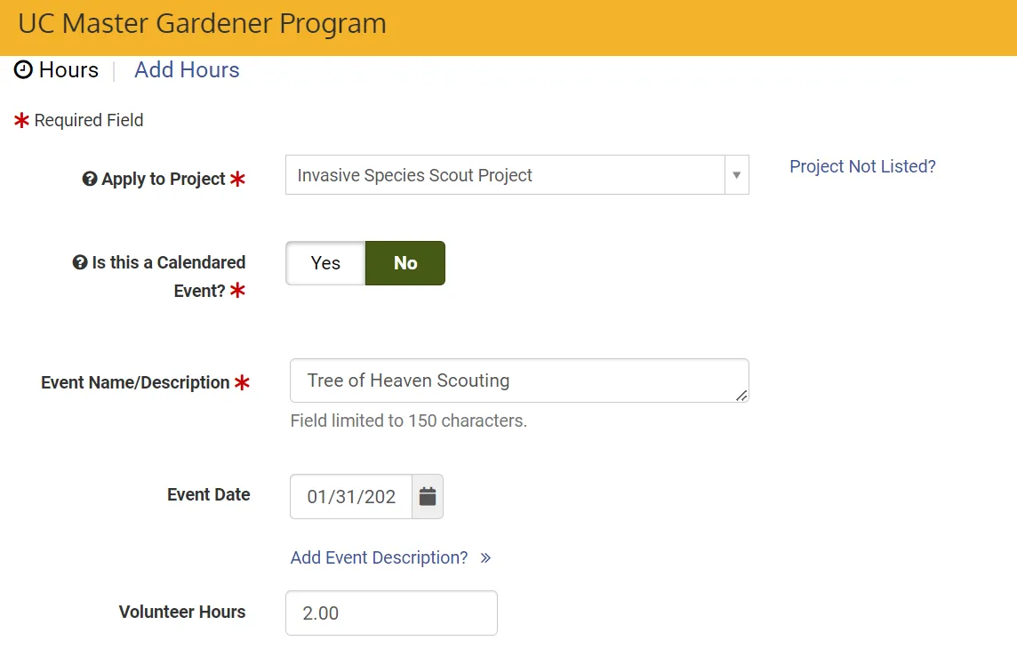 Screen Shot of VMS hours entry for invasive species scout
