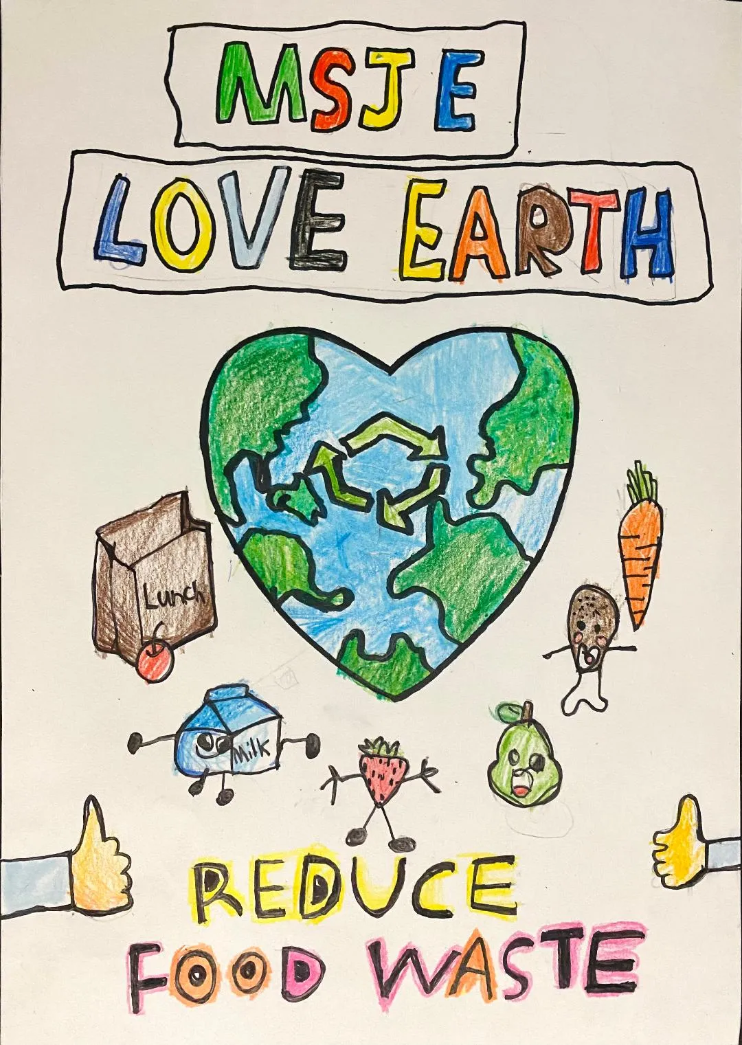 Earth in a heart shape with the recycling symbol and food items around it.