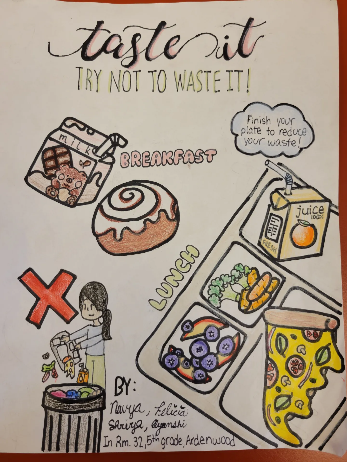 School breakfast and lunch items. An “X” over a girl throwing away uneaten food.