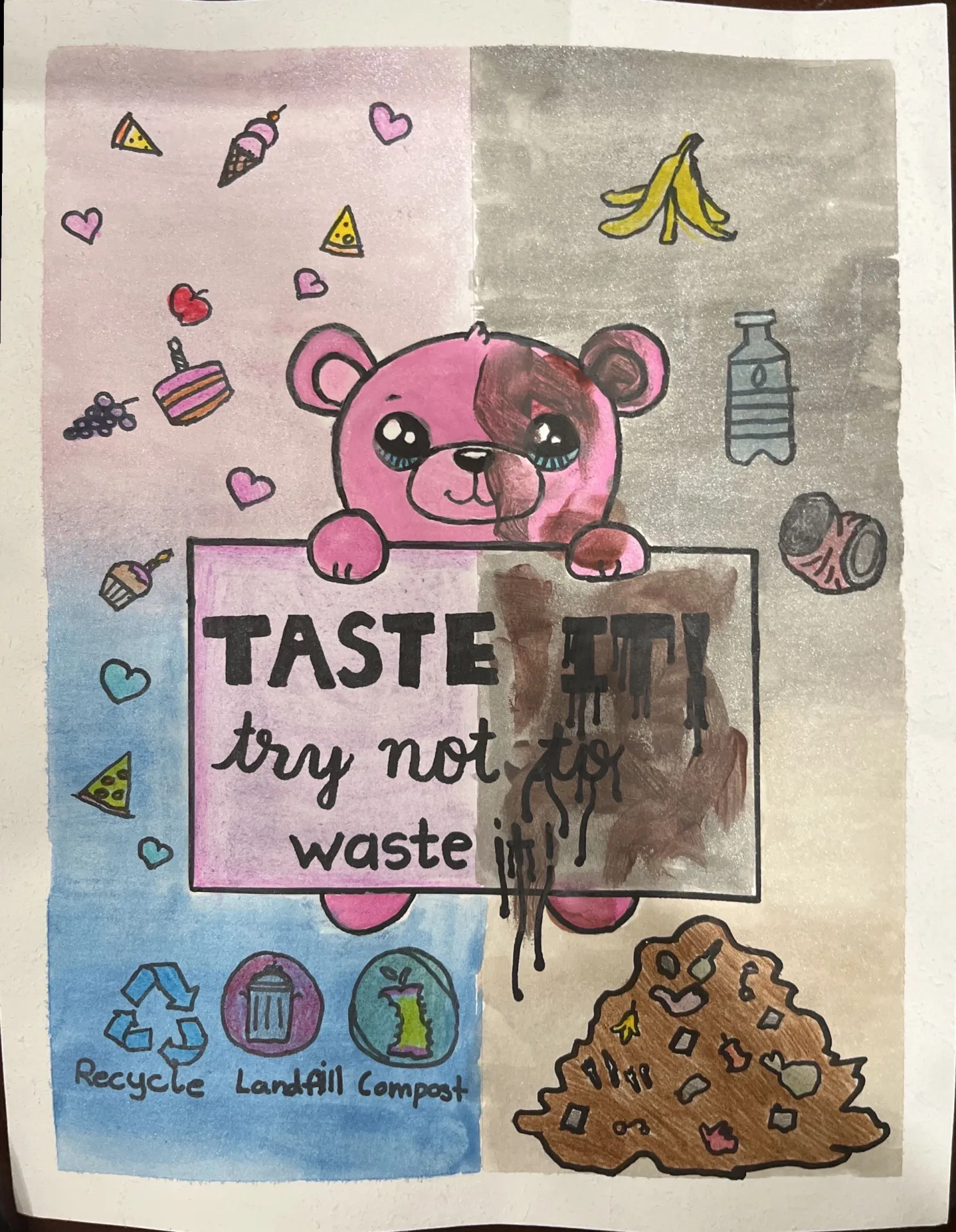 A pink bear holding a “taste it! Try not to waste it!” sign. The left is bright with proper waste symbols, the right side is dark with a landfill pile