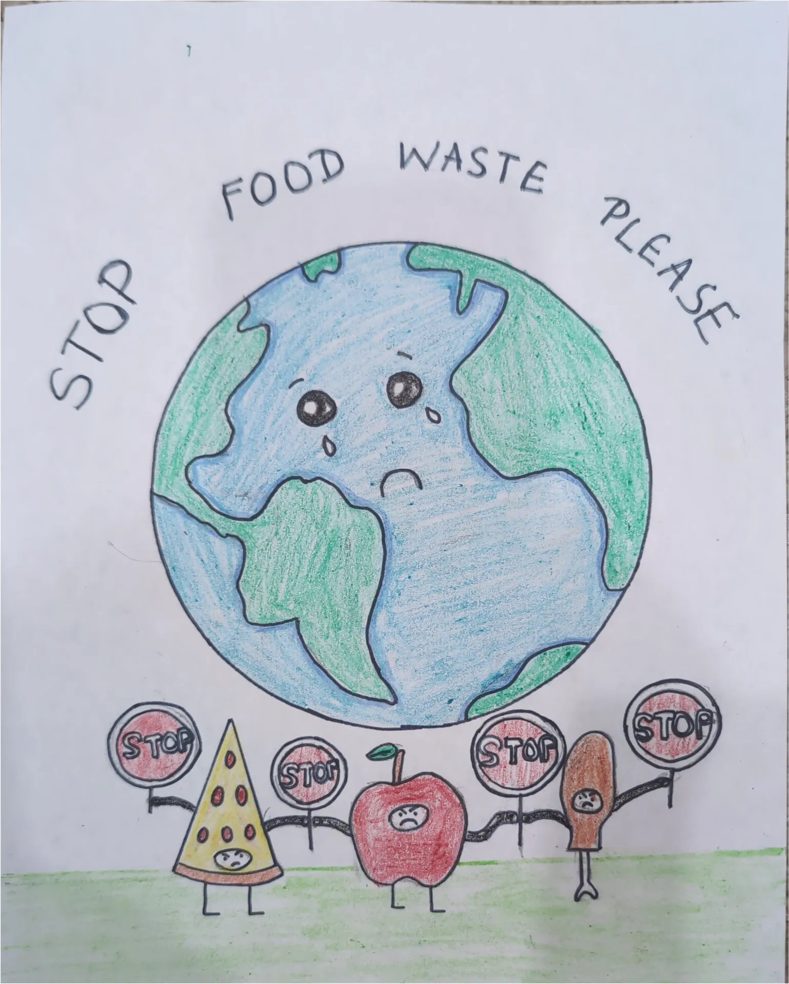 Food items holding red stop signs under a crying earth and the words “Stop Food waste Please.”