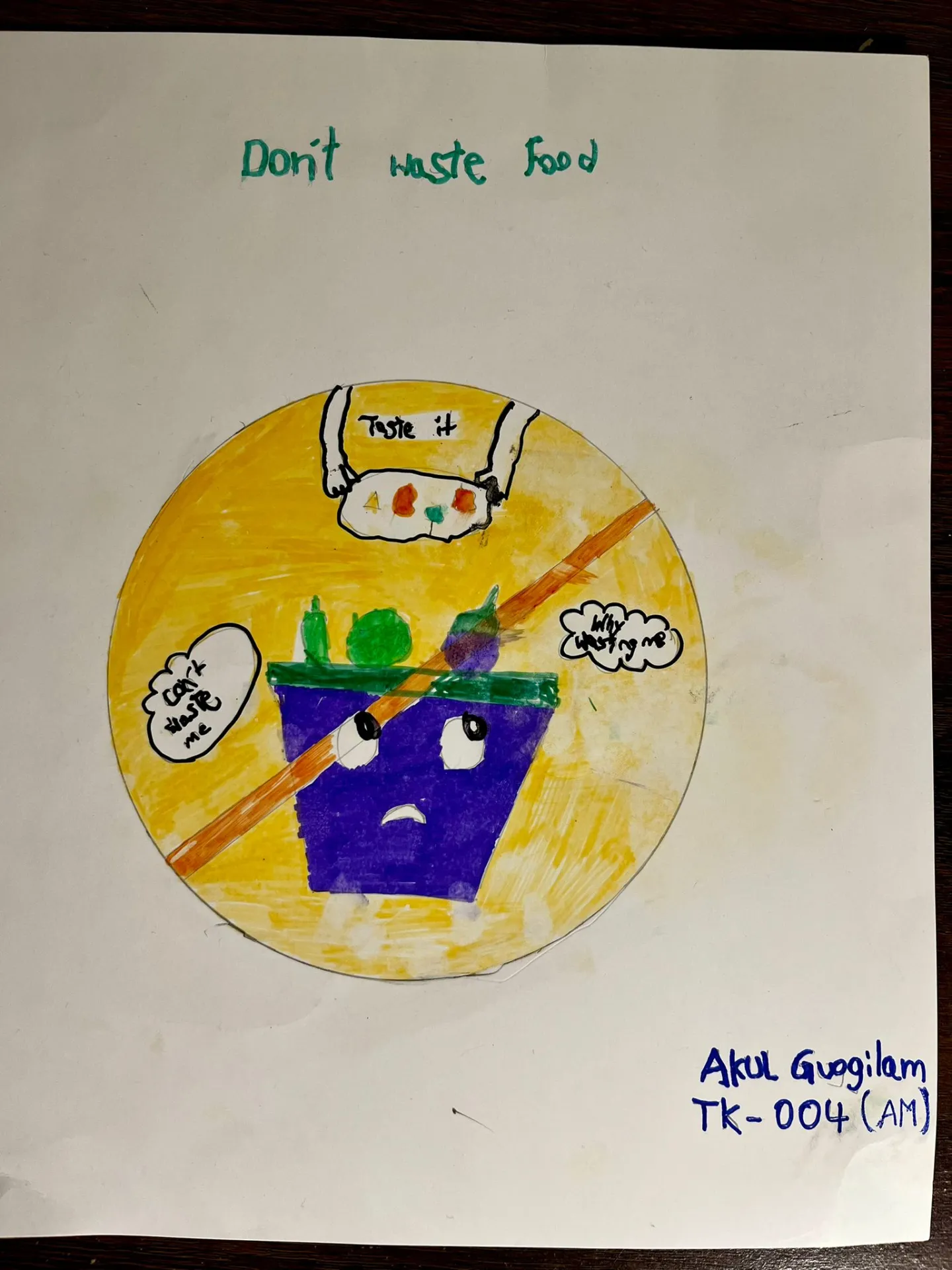 The “no” symbol over hands throwing away food.