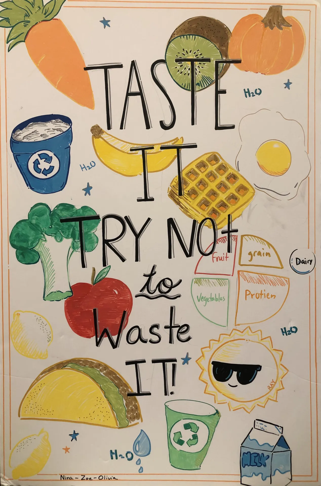 Drawings of food items, the MyPlate diagram, the sun, water, and waste receptacles behind the text “Taste it try not to waste it!