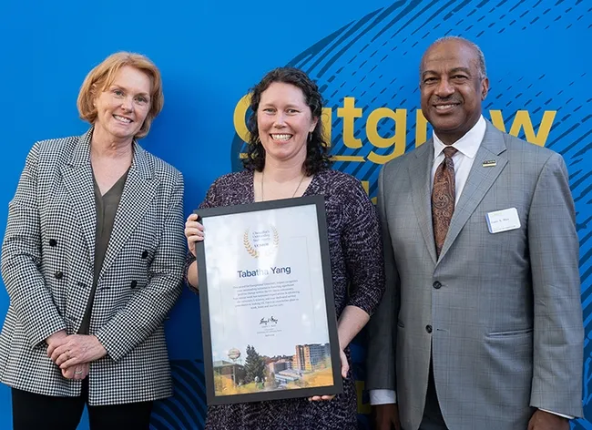 A group photo: From left are Clare Shinnerl, vice chancellor for UC Davis Finance, Operations and Administration; Tabatha Yang, education and outreach coordinator, Bohart Museum of Entomology; and UC Davis Chancellor Gary May. (Photo by Anjie Cook)