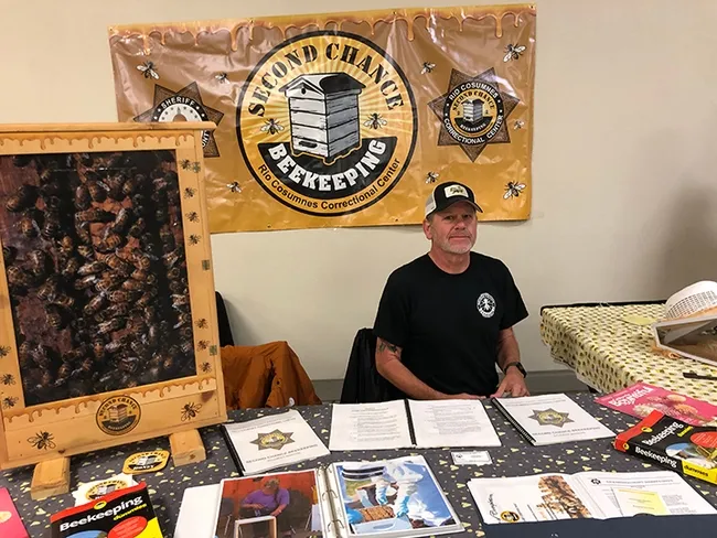 Steve Hays, retired sheriff's deputy, Sacramento County and founder of Second Chance Beekeeping Reentry Service, talked about his program and how inmates are learning beekeeping and getting "a second chance." (Photo by Kathy Keatley Garvey)