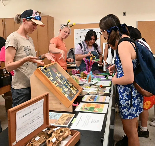 UC Davis community ecologist Rachel Vannette (foreground), associate professor and vice chair of the UC Davis Department of Entomology and Nematology, answers questions at the UC Davis Picnic Day. In back is doctoral candidate Gillian Bergmann, who is advised by Vannette and Johan Leveau. (Photo by Kathy Keatley Garvey)