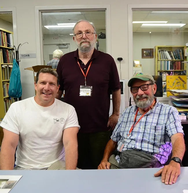 These three entomologists were trained directly or indirectly by Jerry Powell (1933-2023) of UC Berkeley. From left are Dan Rubinoff, John De Benedictus and Paul Opler (1938-2023) at a gathering of lepidopterists in 2019 at the Bohart Museum of Entomology. Powell and Paul Opler (1938-2023) co-authored Moths of Western America, published in 2009. (Photo by Kathy Keatley Garvey)