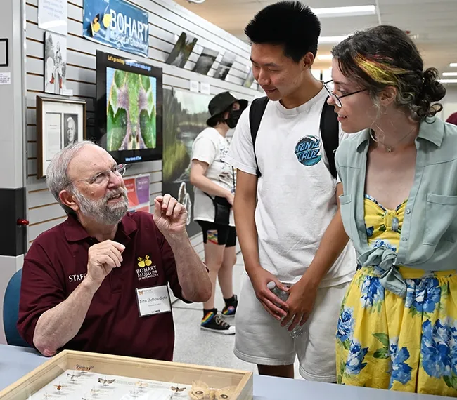 John "Moth Man" DeBenedictus, answers questions at the Bohart Museum of Entomology Moth Night. (Photo by Kathy Keatley Garvey)