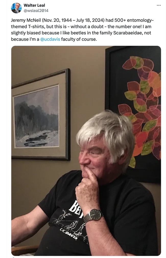 This screen shot of a tweet by UC Davis distinguished professor Walter Leal shows Jeremy Nichol McNeil wearing a UC Davis T-shirt, "The Beetles."