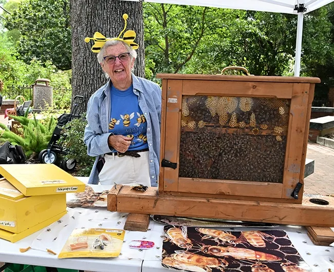 Ettmarie Peterson, known as "The Queen Bee of Sonoma County," stands by her bee observation hive at the Vacaville Museum Guild's Children's Party. (Photo by Kathy Keatley Garvey)