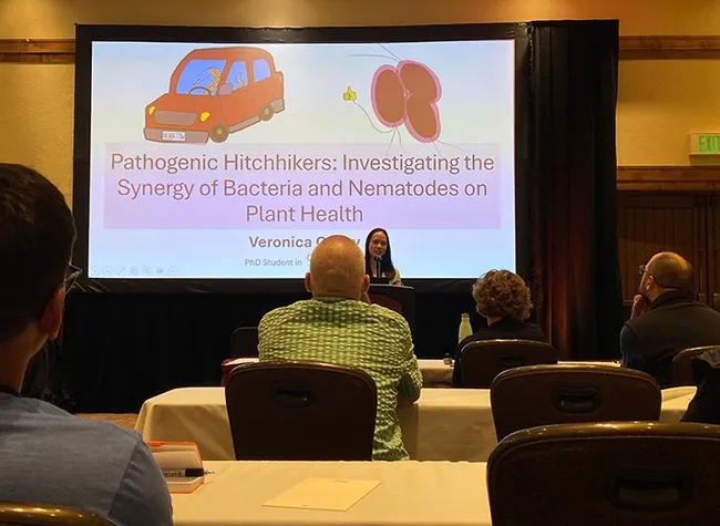 Doctoral student Veronica Casey of the Siddique lab delivering an invited presentation on “Pathogenic Hitchhikers: Investigating the Synergy of Bacteria and Nematodes on Plant Health.”
