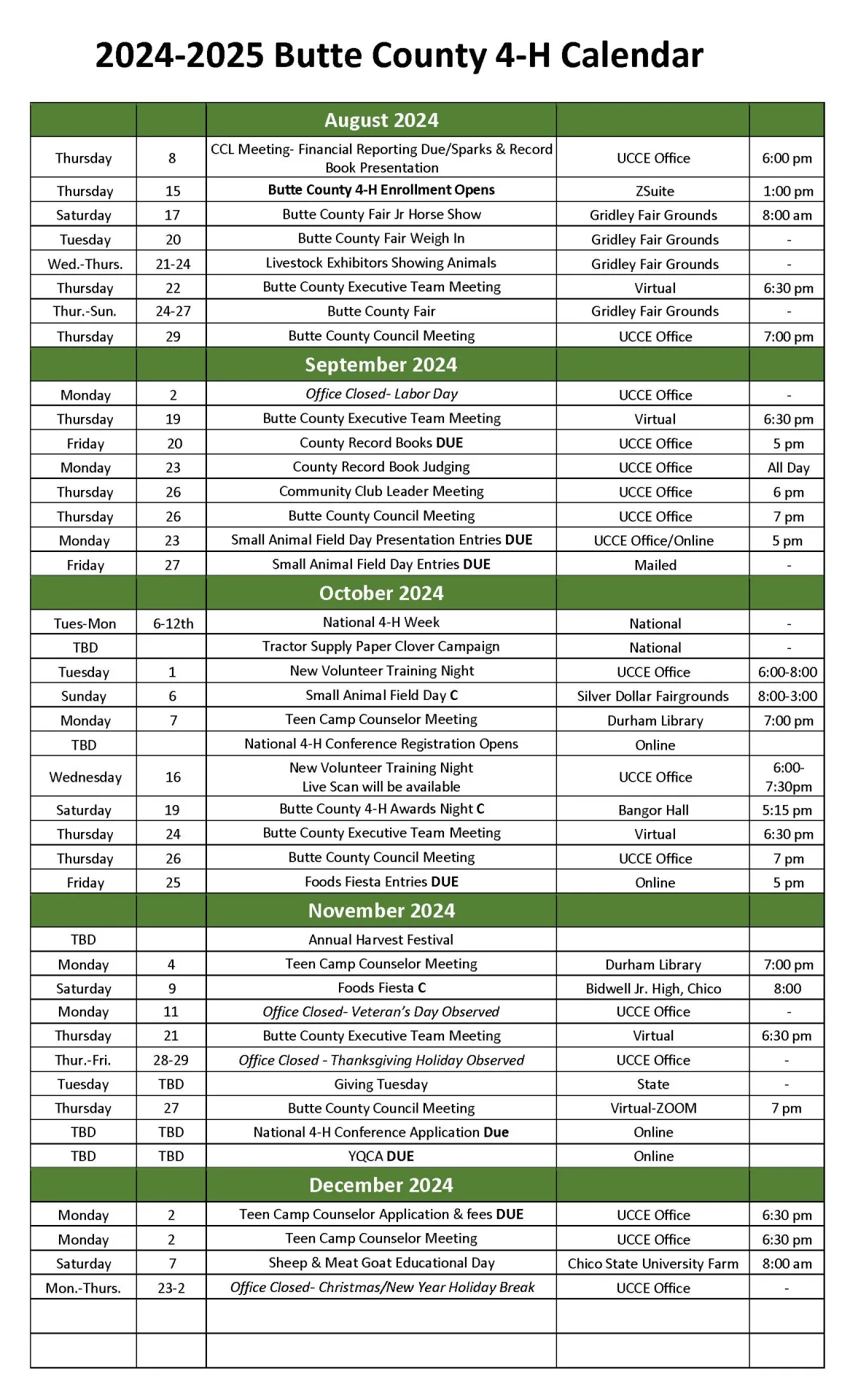 2024-2025 Butte County 4-H Calendar Page 1