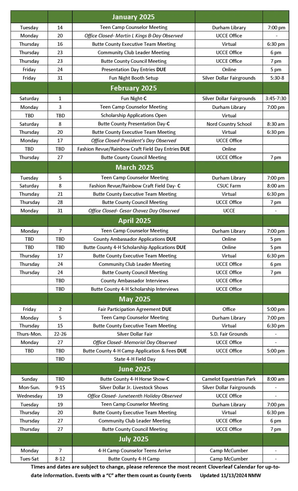 2024-2025 Butte County 4-H Calendar Page 2
