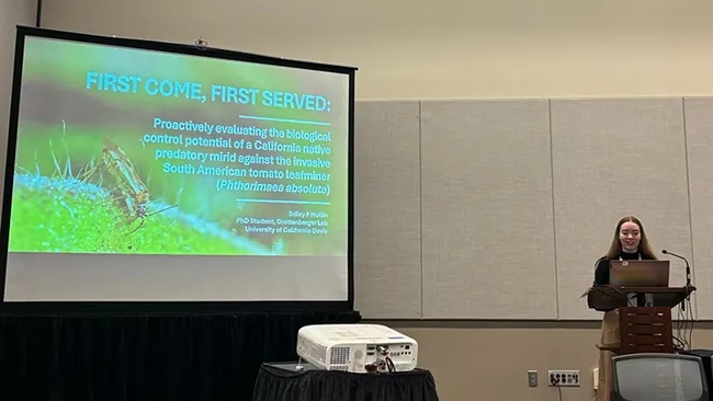Doctoral student Briley Mullin of Ian Grettenberger lab speaking on "Evaluating the Use of Predatory Plant Bugs (Hemiptera: Miridae) as Biological Control Against the Invasive South American Tomato Leaf Miner (Tuta absoluta) in California Tomato Fields." (Photo courtesy of Lexie Martin)