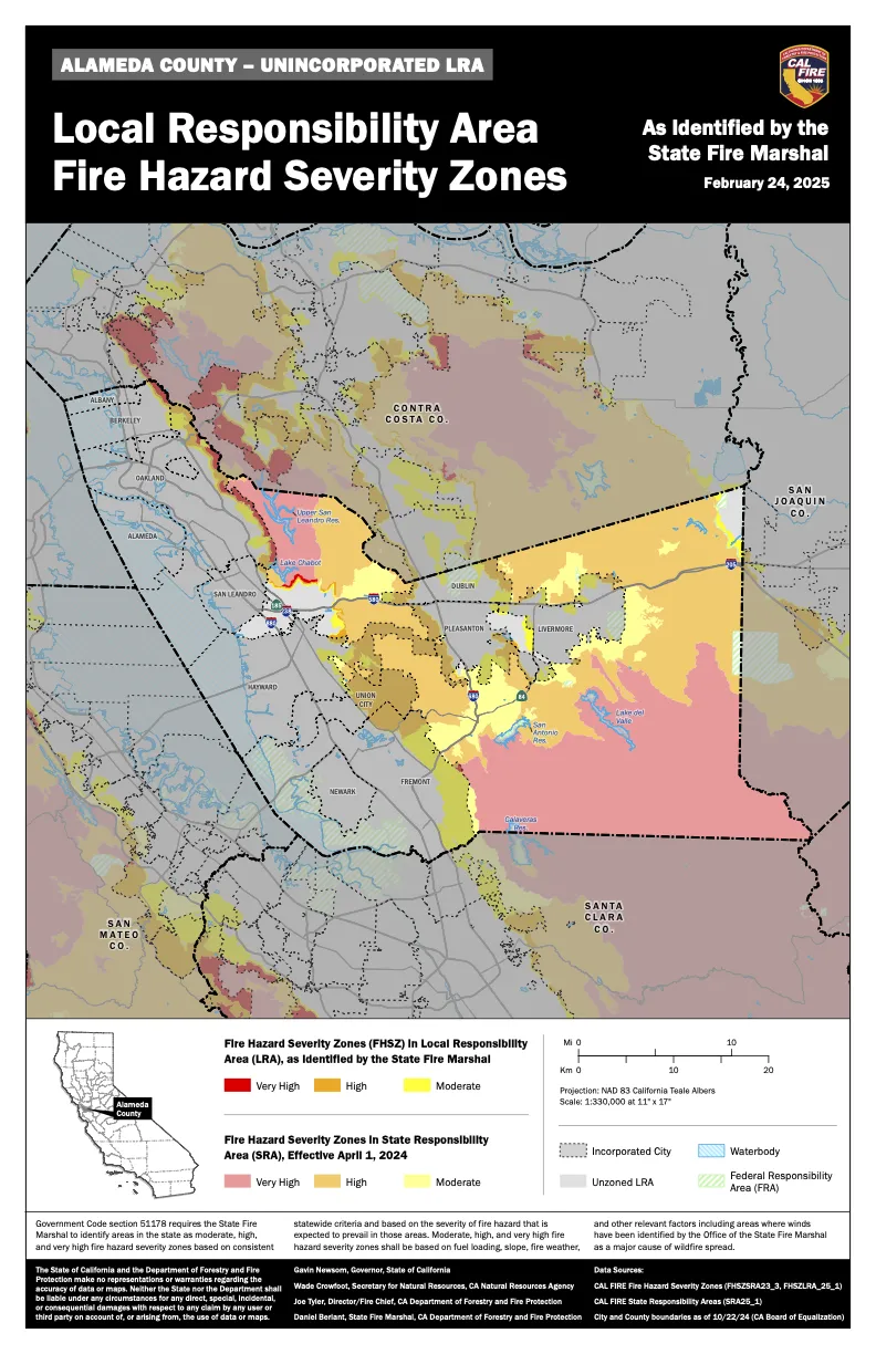 A February 2025 map of the updated high-risk fire zones in Alameda County