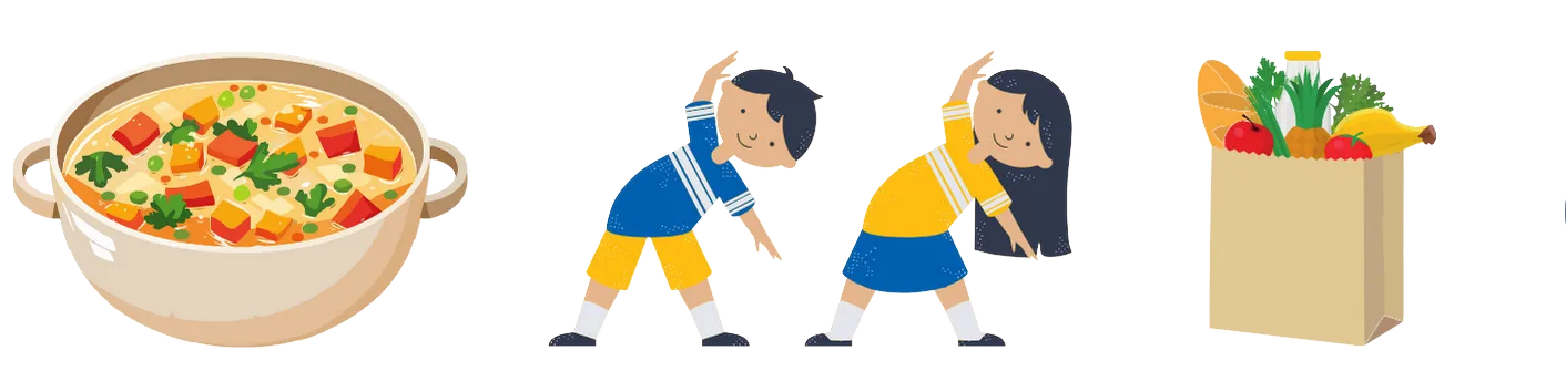 A bowl of vegetable soup, two kids doing stretching exercises, and a bag of groceries