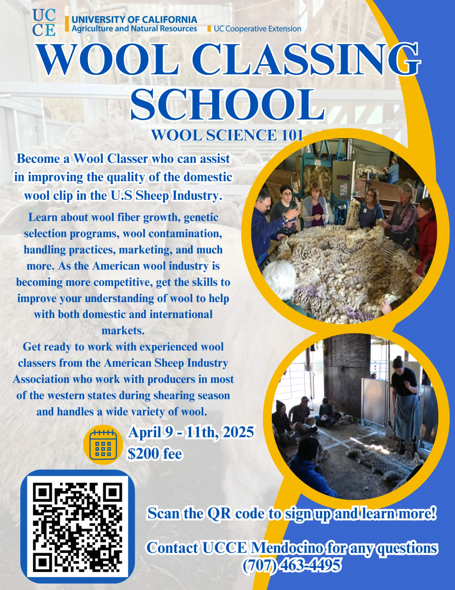 The flyer for the 2025 Mendocino UCCE John Harper Wool Classing School. Please look at summary for class and registration information