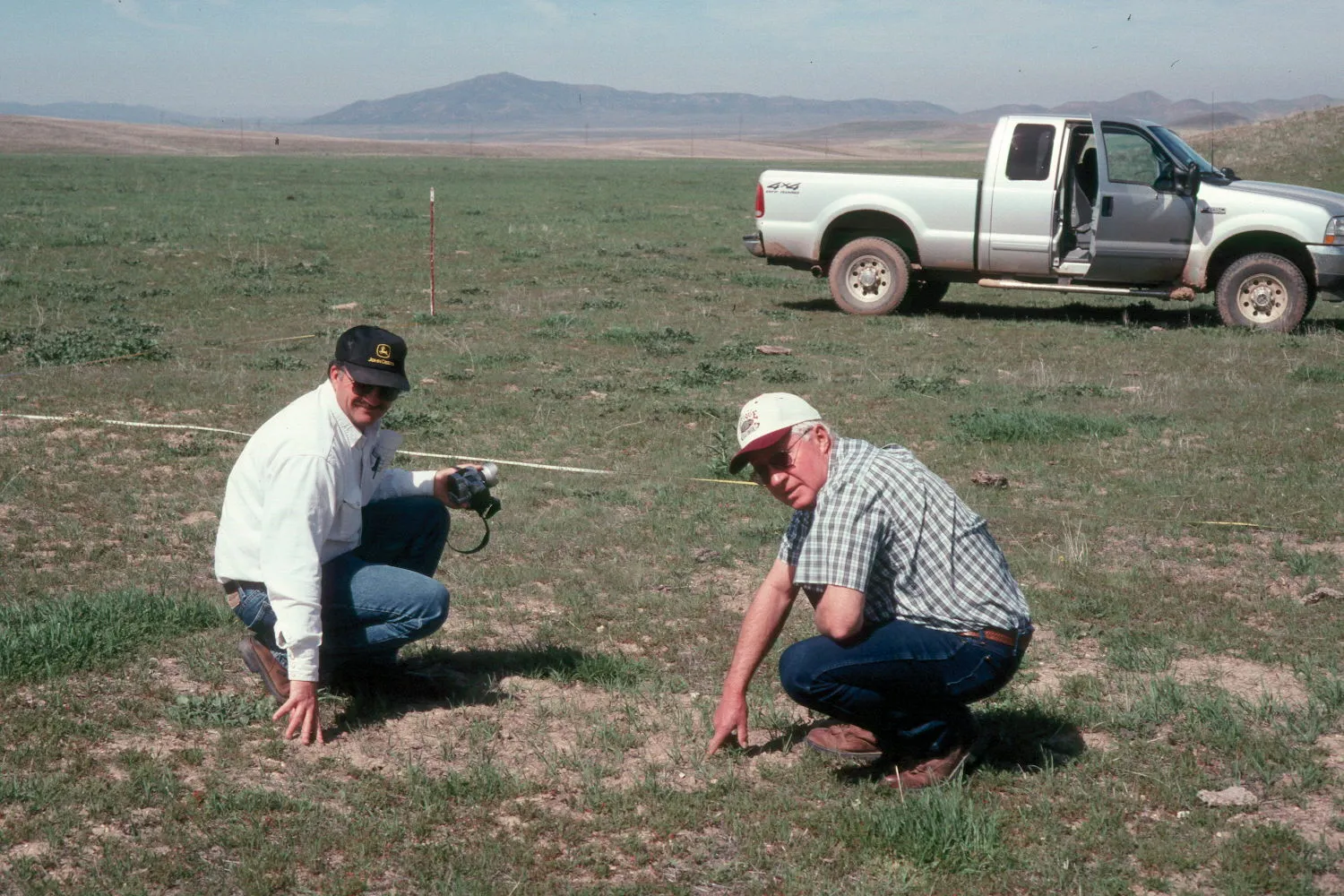 Two men kneel and look at grass.