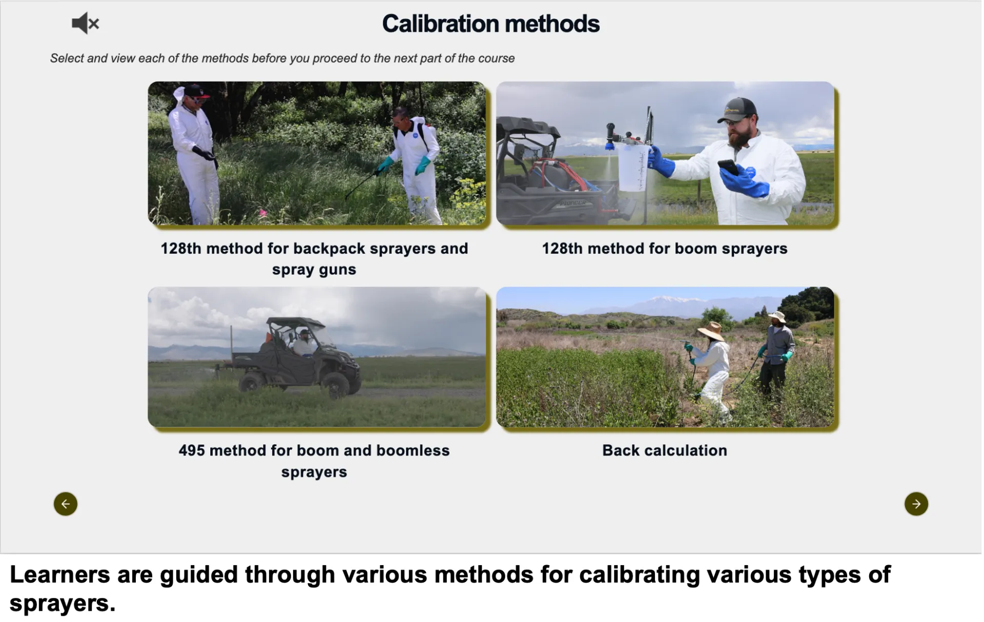 Screenshot of herbicide application calibration course showing that learners are guided through various methods for calibrating various types of sprayers, such as the 128 method for backpack, spray guns, and boom sprayers; 495 method for boom and boomless sprayers; and back calculation.