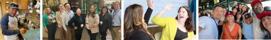 Employees gathering and smiling for the camera.