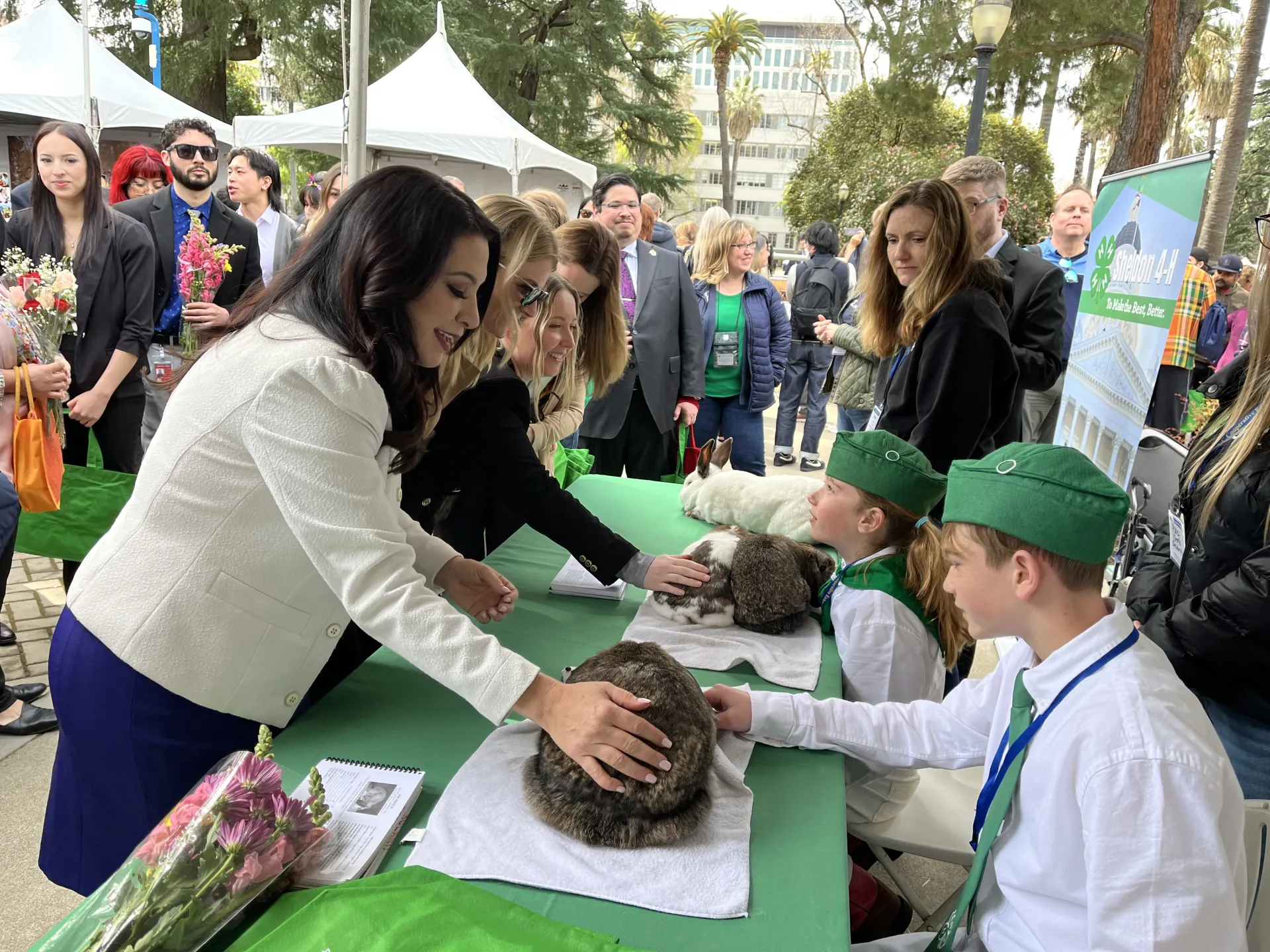 Susan Rubio pets a brown rabbit while talking with a 4-H member