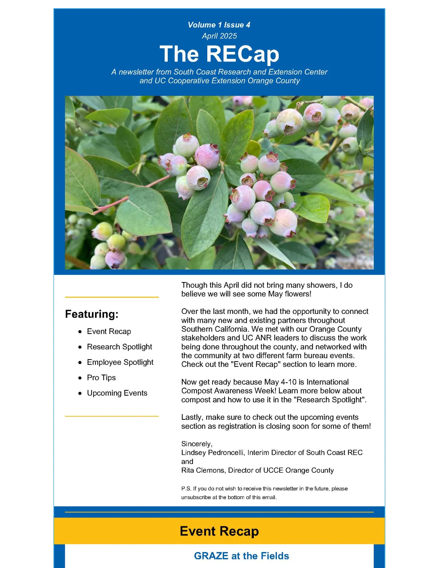 the front page of the April 2025 issue of The RECap with a photo of blueberries and a welcome message