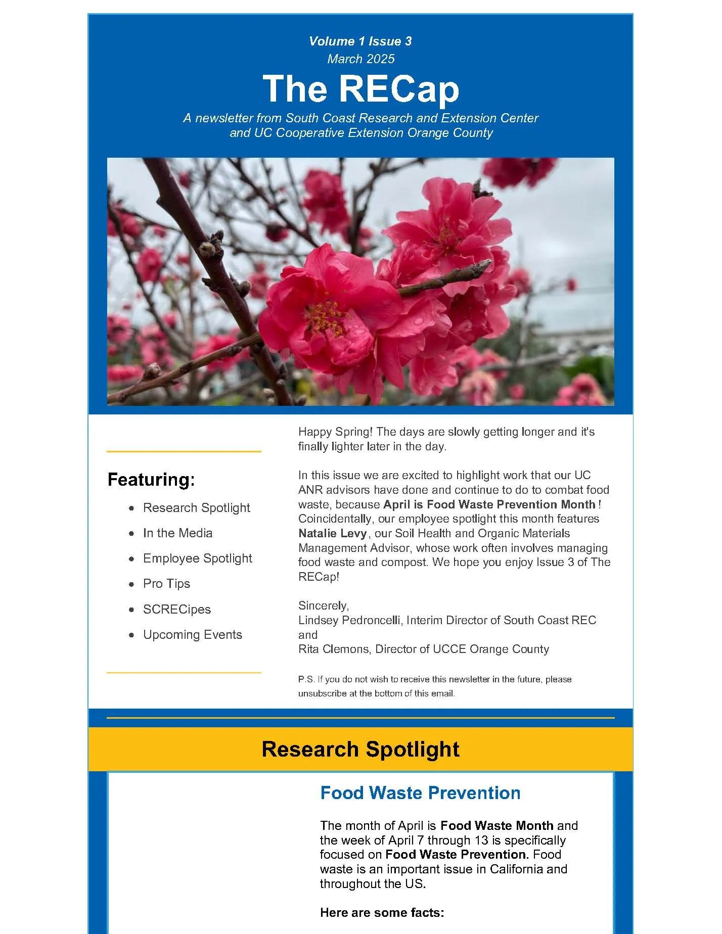 front page of the March 2025 issue of The RECap with a photo of peach tree flowers and a welcome message