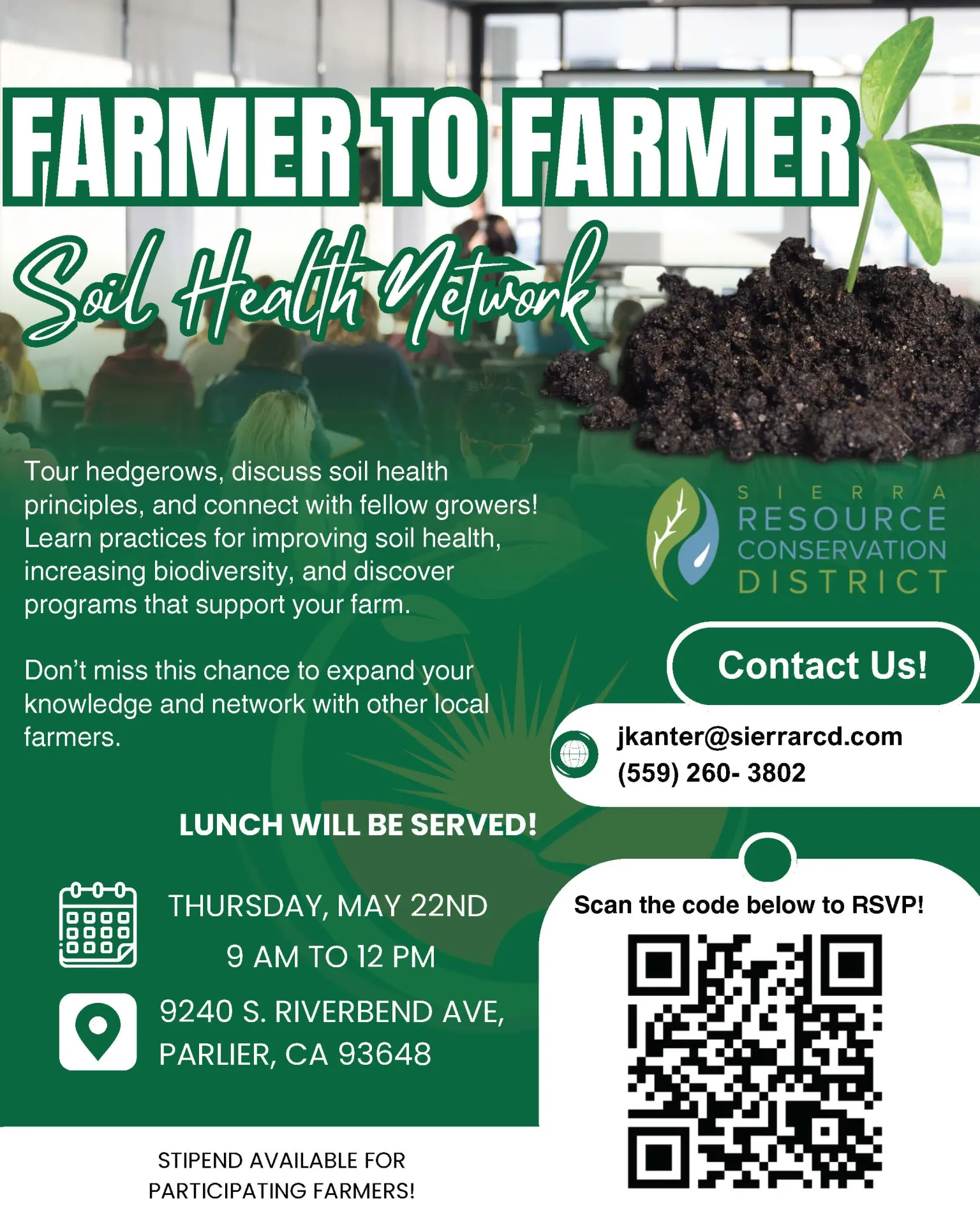 A green and white flyer with images of soil and people listening to a speaker