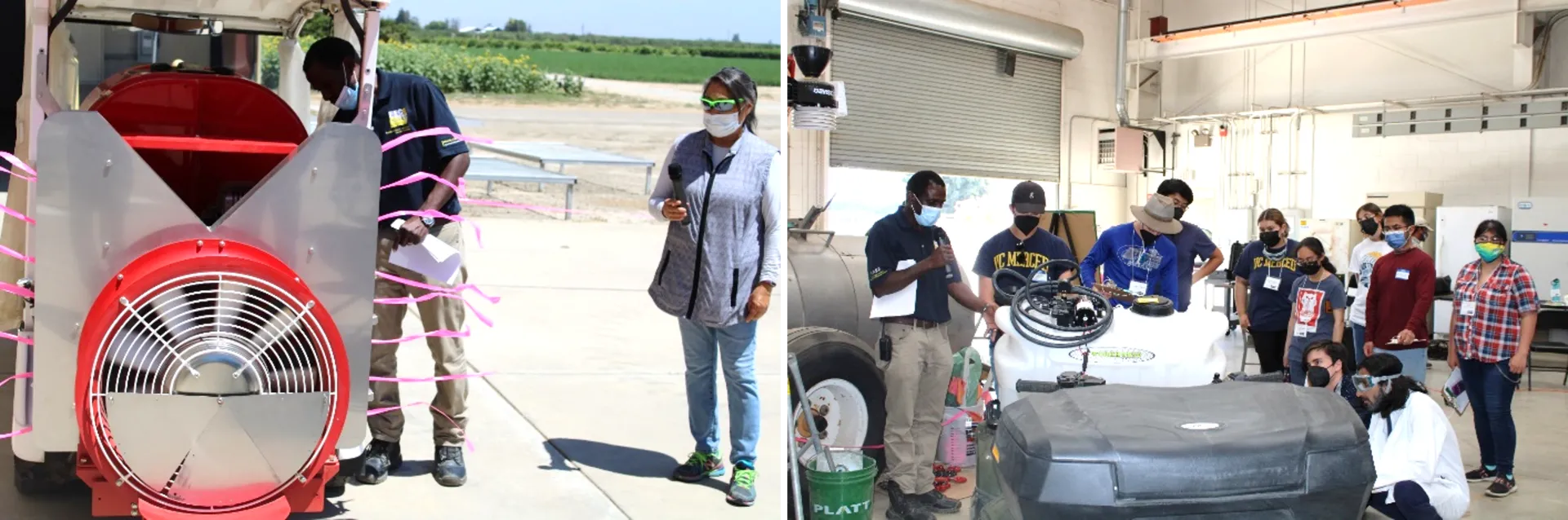 Two people standing outdoor near an orchard spray equipment.