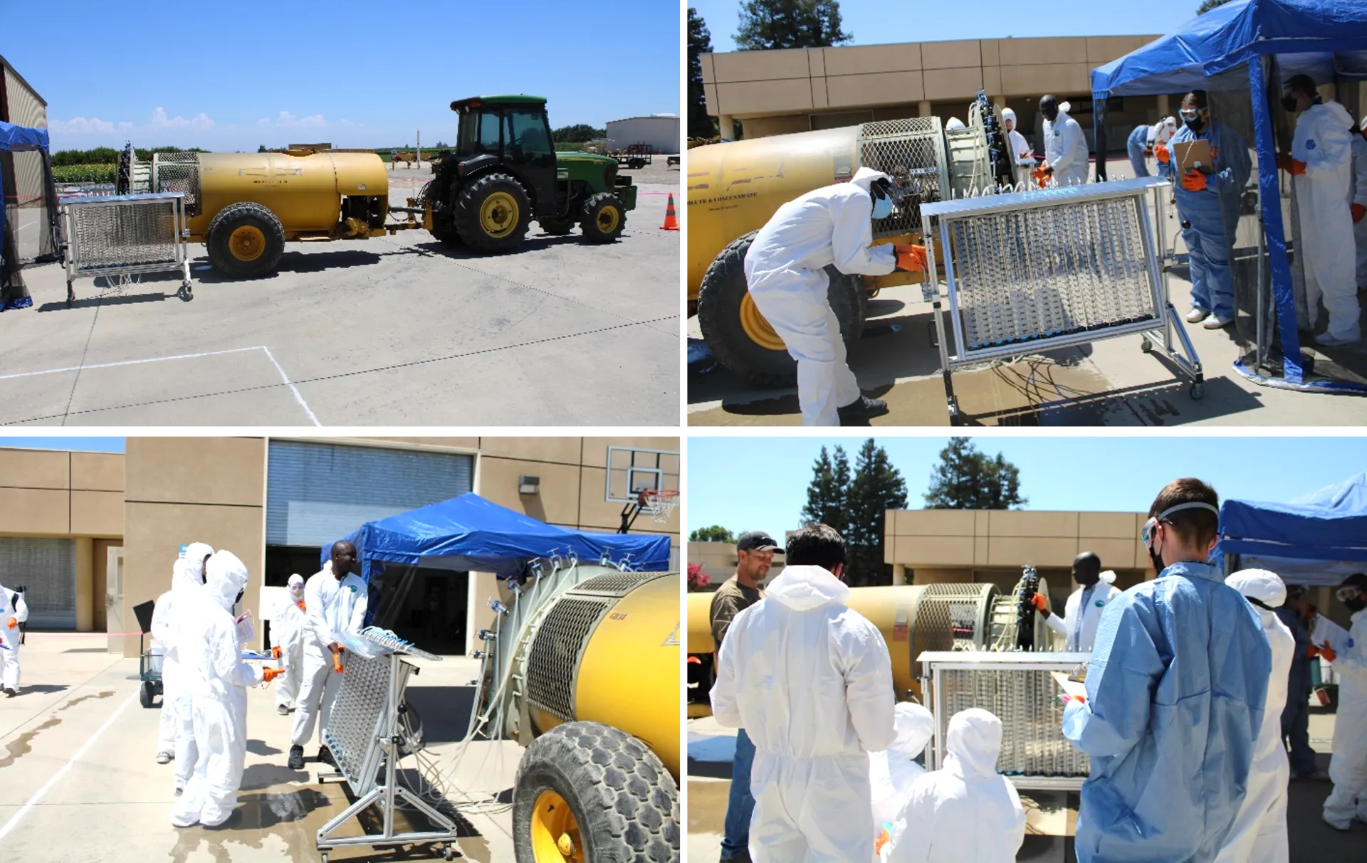 Groups of people outdoors with agricultural equipment.