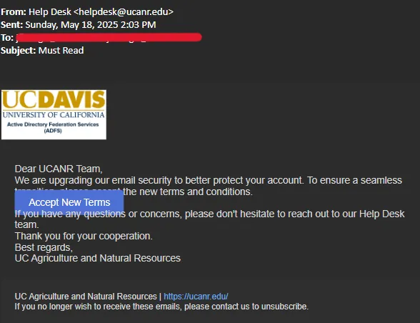 Image of phishing attempt email