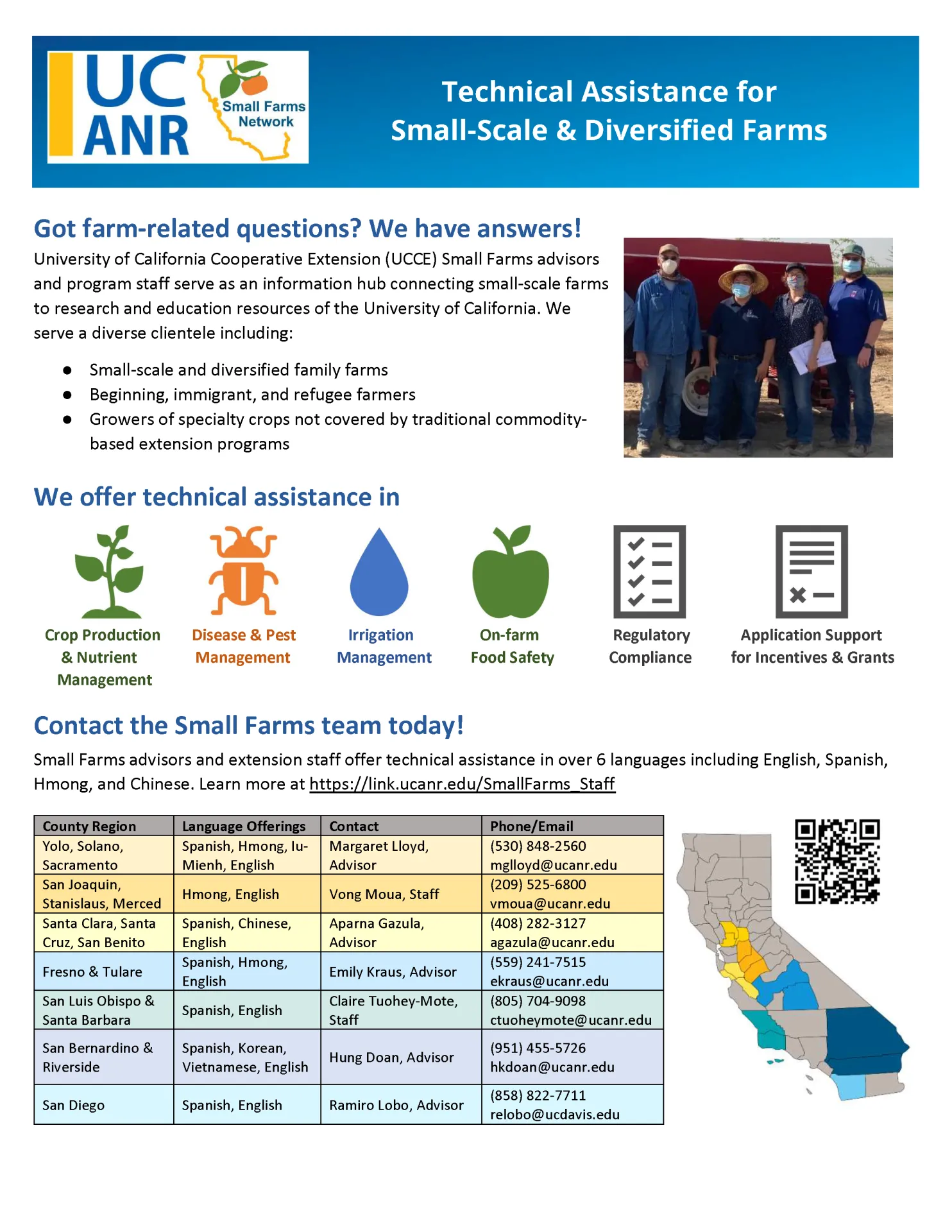 Flyer showing services available for small farmers, English