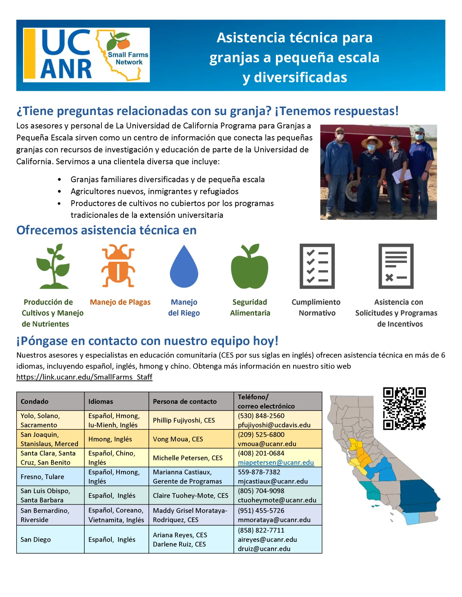 Flyer showing services available for small farmers, Spanish