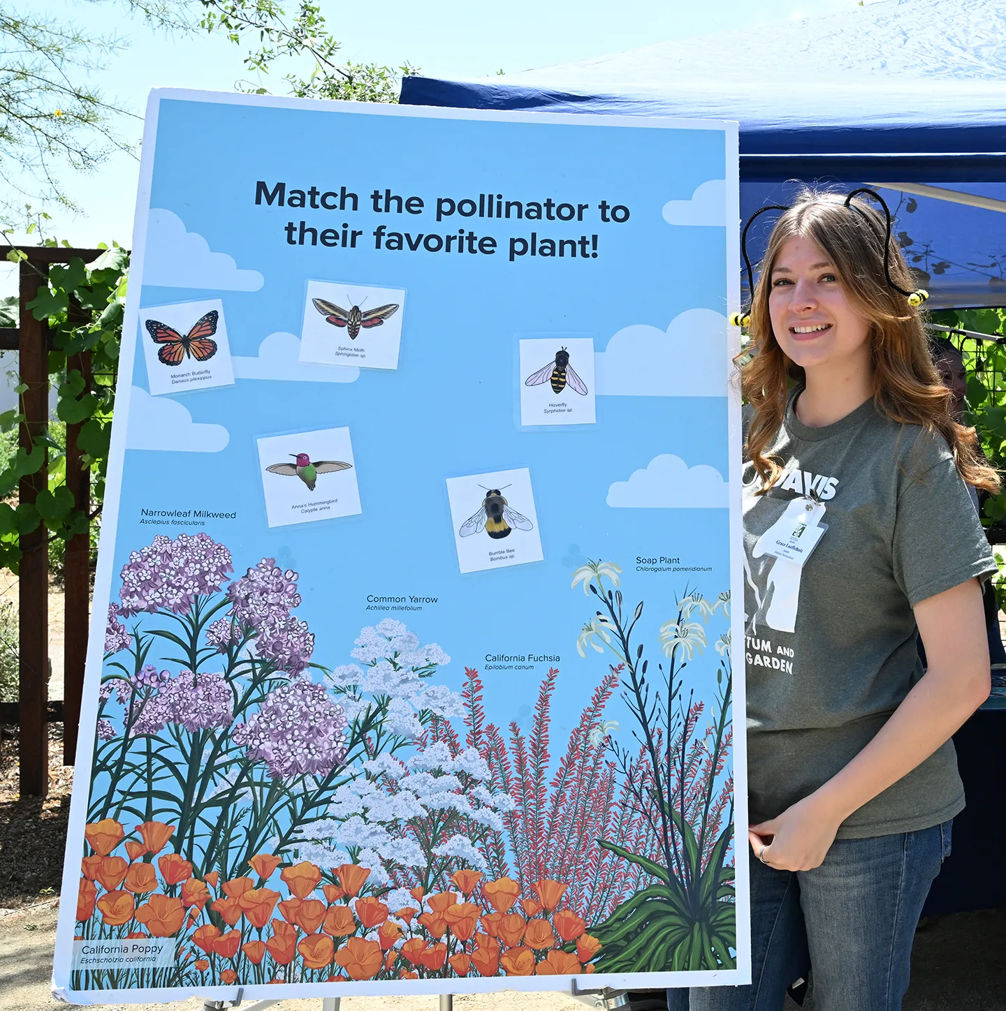 Grace Loeffelholz, a "Learning by Living" ambassador with the UC Davis Arboretum and Public Garden, asked visitors to match the pollinator with the plant. (Photo by Kathy Keatley Garvey)