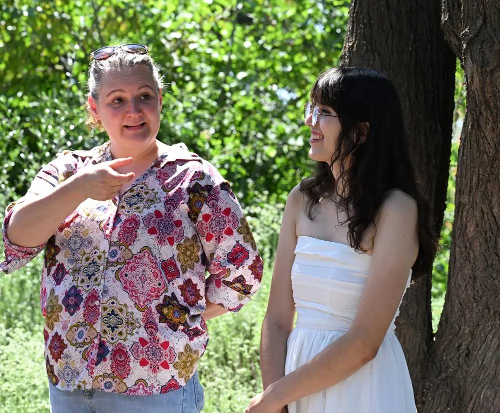 Professor Elina Nino, director of the UC Davis Bee Haven, and Samantha Murray, education and garden coordinator. (Photo by Kathy Keatley Garvey)
