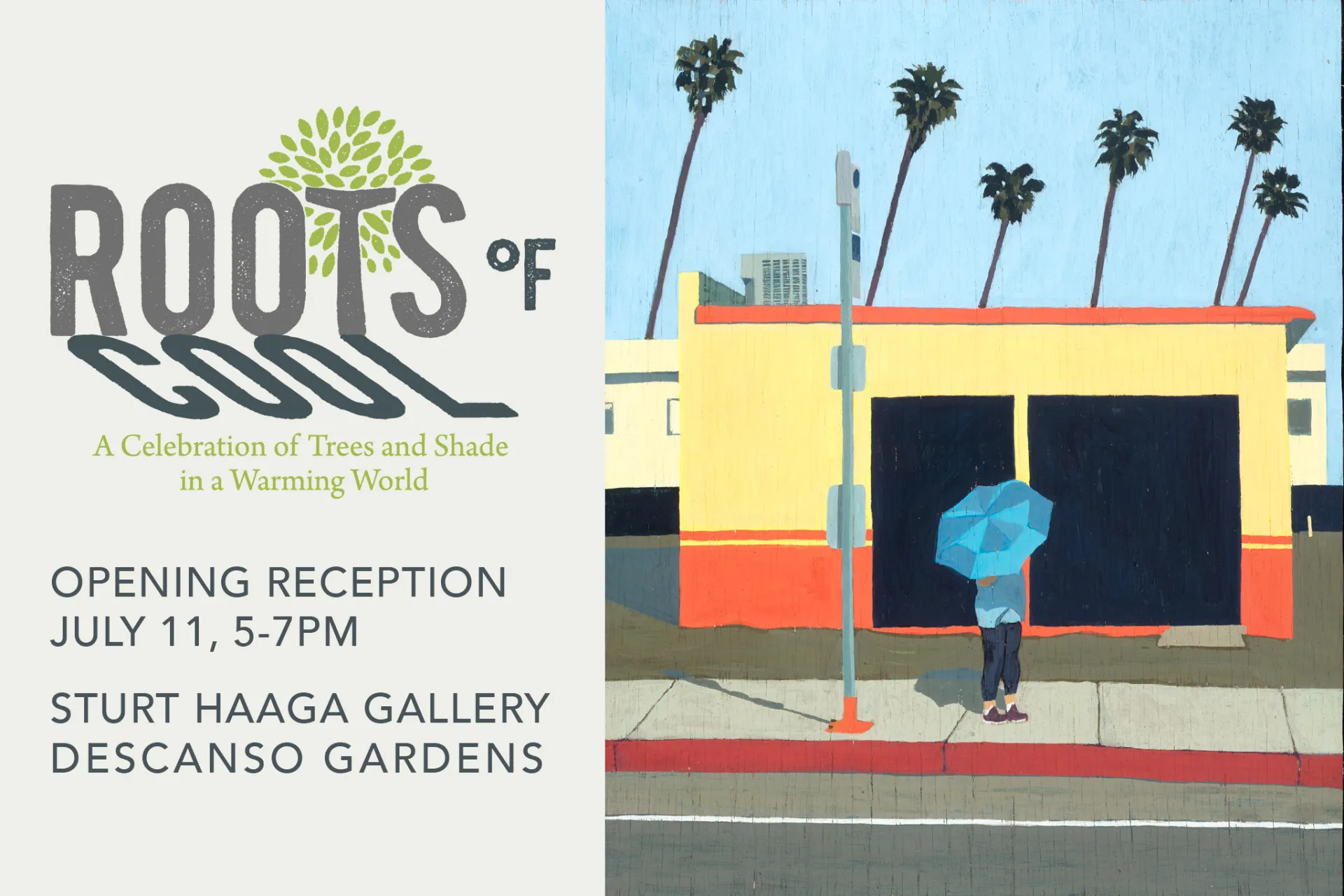 A poster for an art show, including a painting of a person waiting for the bus in the sun.