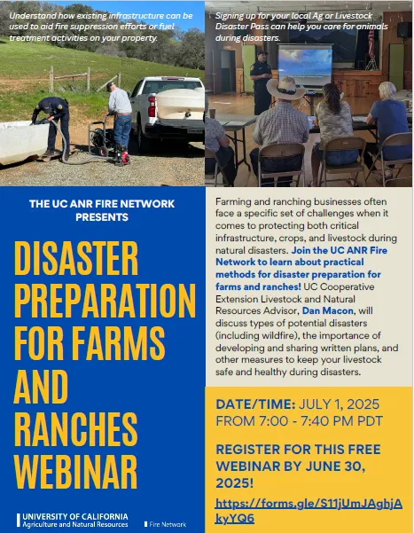 Flyer for upcoming Disaster Preparation for Farms and Ranches webinar.